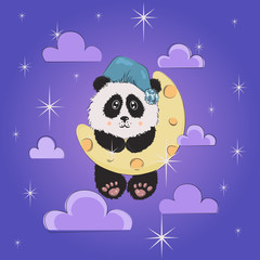 Cute panda baby on moon on night sky background with stars cartoon character vector illustration. Pretty animal print for design