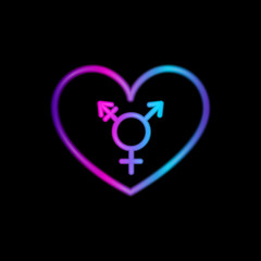 Neon heart with transgender symbol on black background. Violet, pink and blue gradient. Vector illustrtaion for web, print, holiday cards and invitations, wallpaper