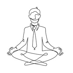 Man in a business suit is sitting in the Lotus position drawing a continuous line. Manager does yoga one line style vector illustration.
