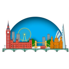 Panorama of world famous landmarks of London, England in paper cut style vector illustration. Winter London city buildings silhouette. English urban landscape. London cityscape with landmarks.