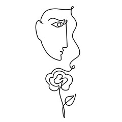 Woman with rose one line style vector illustration. Female face and flower continuous line hand draw illustration