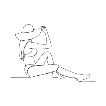 Continuous line drawing of beautiful and sexy girl with beach hat. Vector illustration.