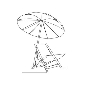 Continuous line drawing of umbrella and beach chair. Line art concept of summer day greeting card. Vector illustration.