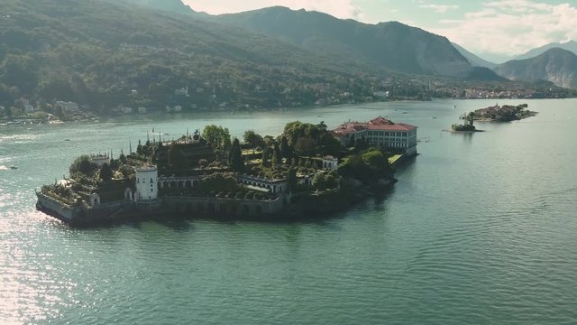 Aerial view of Lago Maggiore Isola Bella shot in 4k