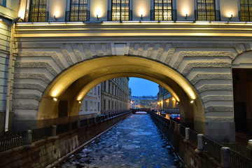 View of the winter canal connecting the Moika river with the Neva. Saint Petersburg, Russia