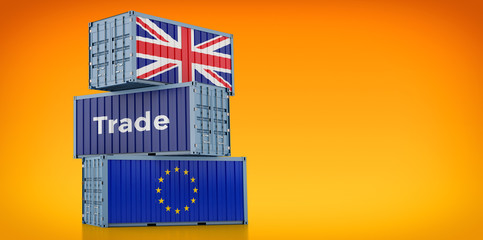 Freight container with United Kingdom and European Union flag. 3D Rendering