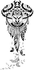 flying owl in the circle of native Indians dreamcatcher. Black and white outline tattoo. Vector illustration