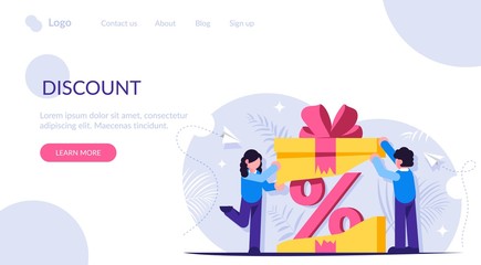 Customer loyalty program. Discount as a gift inside the box with a bow. Unexpected surprise. Pprofitable offer to buy a product or service. Landing web page template.