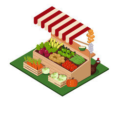 Farmer's market, trading tent with vegetables and a funny character chicken. In isometry, isolated on a white background. Stock vector graphics