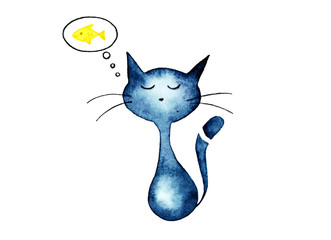 Blue cat dreaming of a fish. Funny relaxed kitten thinking about lunch. Hungry pet. Watercolor illustration. Hand drawn