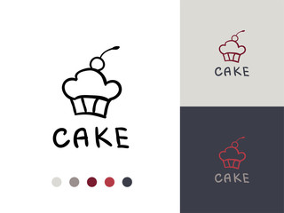 Vector trendy hand drawn icon and logo of capcake with cherry berry top and lettering 'Cake'. Template for business brand. Editable color combination. Ready color scheme