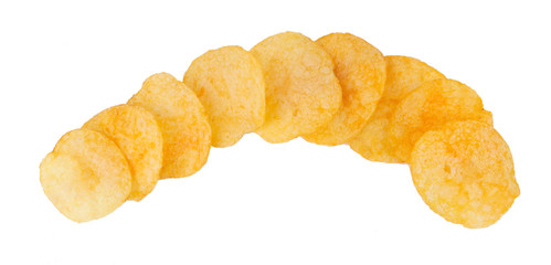 group of potato chips isolated on white background
