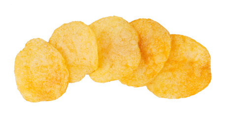 group of potato chips isolated on white background