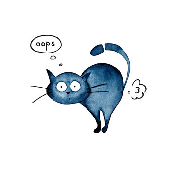 Cute funny blue cat farting and saying oops. Surprised kitten with big round eyes and a long tail. Watercolor painting. Hand drawn illustration
