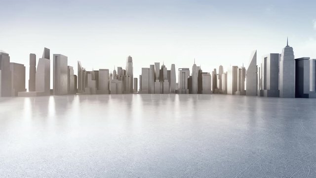 Empty concrete floor in smart city. Loop animation 3d rendering of outdoor space and future architecture with clear sky background.