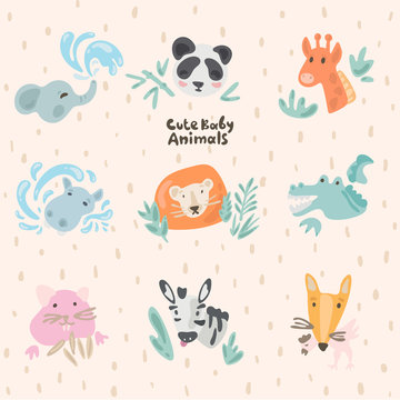 Cute Baby Animals Faces. Kawaii Cartoon Pictures. Doodles Isolated Vector Set for children. Illustrations for Baby Shower, Nursery ideas, Stickers, Emoji. Design Elements for kids. Funny Zoo Story.