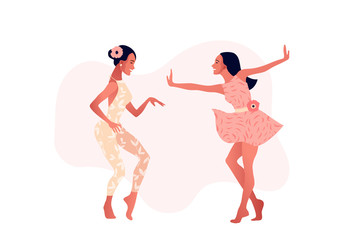 Happy sexy girls or friends dancing. International Women s Day. 8 March. Vector illustration, template with beautiful women for greeting card, poster or flyer.