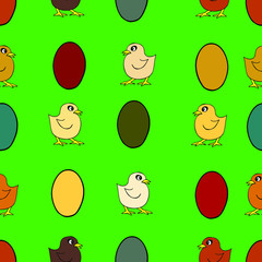 Vector illustration. Abstract pattern in the form of multi-colored Easter eggs and little chickens. Greeting card design.