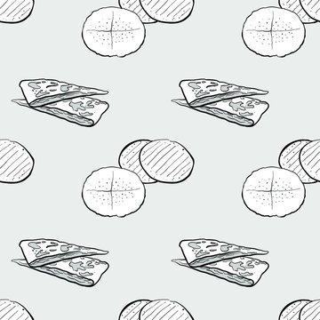 Flatkaka seamless pattern greyscale drawing