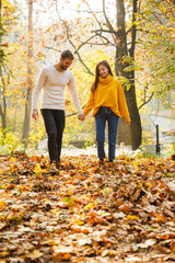 Image of attractive young caucasian couple walking through autumn park
