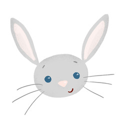 Cute grey baby rabbit with long ears and blue eyes. Illustration. Easter bunny with long whiskers. Lovely small rabbit with a smile. Portrait