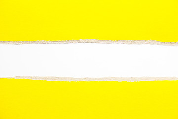 Yellow torn pieces of cardboard paper on white background. Copy space for text message. © Purple Moon