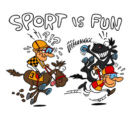 Horse race, jockey rides horse and horse rides jockey, sport joke, sport is fun, color cartoon