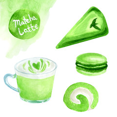 watercolor matcha latte and moti . Ecological drink. Healthy lifestyle