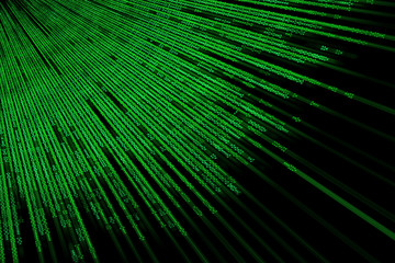 Binary code simulation. A green binary code diverging radially from a corner, isolated on a black...