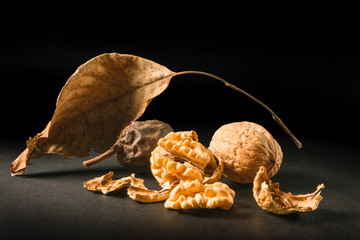 Still life with nuts and leaves on a black background.