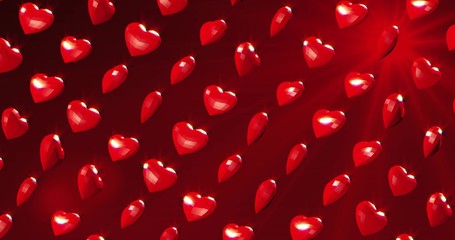 Romantic red polygonal flying hearts in ray of light. Valentines Day. Red event background. 3D rendering illustration - 321289315