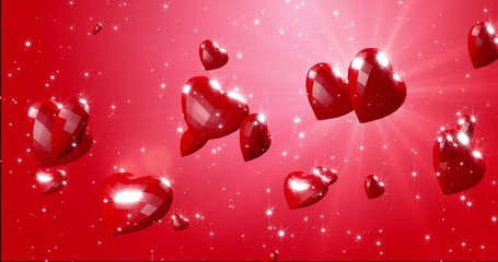 Romantic red polygonal flying hearts in ray of light. Valentines Day. Red event background. 3D rendering illustration - 321289327