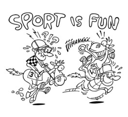 Horse race, jockey rides horse and horse rides jockey, sport joke, sport is fun, black and white cartoon