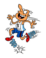 Runner racing in sprint and jumping on steel springs, smart cheater, sport joke, sport is fun, color cartoon