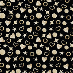 golden watercolor hearts and stars seamless pattern on a black background. Valentine's day