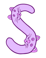 English letter S with cat in doodles style. Kids font vector Illustration on a white background.