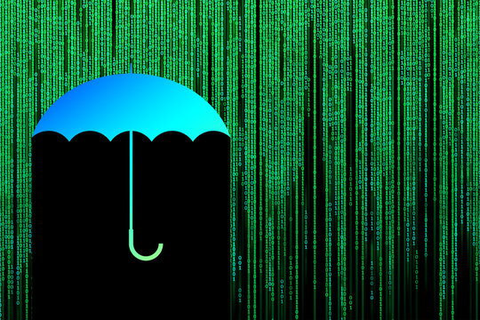 Imitation of a binary code in the form of a matrix. An umbrella protects from the flow of information isolated on a black background.