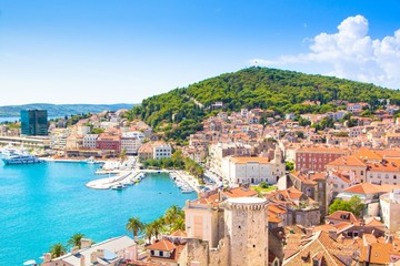 Split, Croatia. View on Split town and Marjan hill, warm summer sunny day. - obrazy, fototapety, plakaty