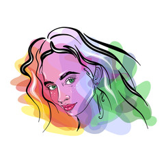 Contour of a girl hand-drawn on a colorful background . Fashion illustration of a stylish look. Vector for design t-shirts typography cards and posters.