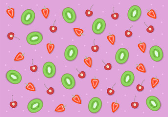 Background of slices of delicious fruits strawberry cherry and kiwi