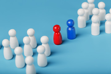 The conflict between two companies and a business, the rivalry of Leaders in blue and red leads a group of white employees to compete, Staff recruitment.
