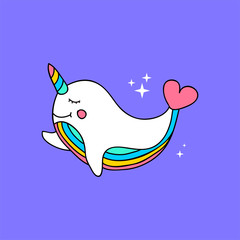 Unicorn whale narval with rainbow horn vector icon isolated on purple. Sillouette sticker, patch badge. Cute magic cartoon fantasy cute animal. Dream symbol. Design for children © AlyceStrogaya