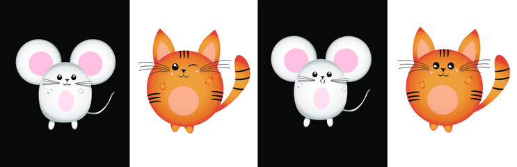 Set of cute and kawaii rounded cat and mouse. Emotional characters. Vector illustration. Print.