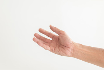 The hand gesture of the person holding the white background