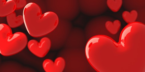 Valentine's Day background with red hearts on red,3d render.