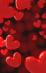 Valentine's Day background with red hearts on red,3d render.