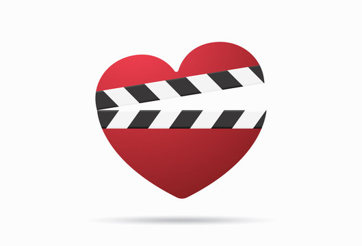 Romantic movie icon with heart clapper isolated. Vector illustration