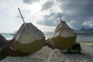 Close up Hand Holding Coconut Fruit at Beach