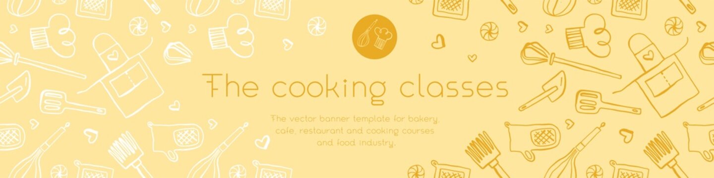 Homemade cooking banner with hand-drawn vector illustrations. Cooking courses banner. Cooking utensils vector. Vector templates of healthy food banner. Home cooking pattern.