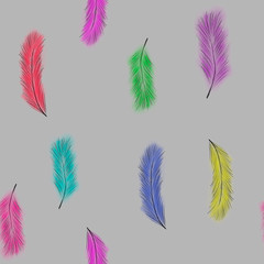 Seamless pattern of multicolored feathers on grey background. Fluffy and soft. Hand drawing. Print, packaging, wallpaper, textile, fabric design